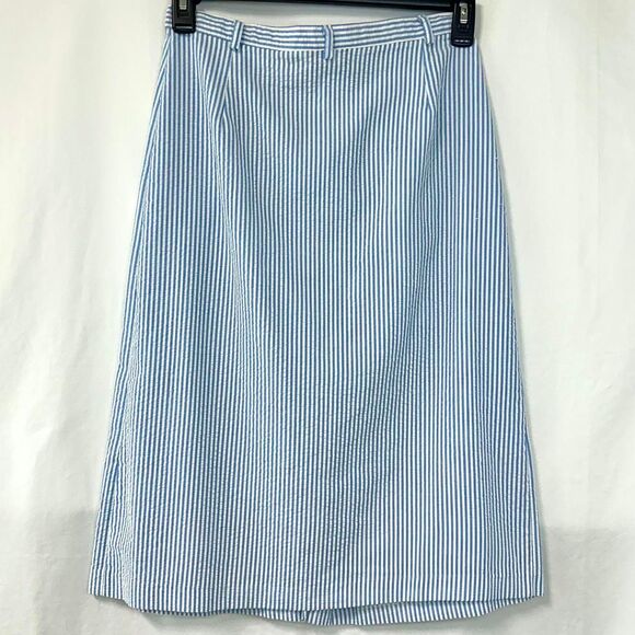 FAYS CLOSET VTG 80s Blue White Striped Seersucker Midi Skirt Women 13/14 Coastal - Picture 4 of 5